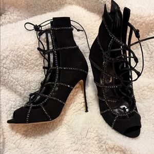 Sergio Rossi Black Crystal-Trim Lace-Up Peep-Toe Stilettos